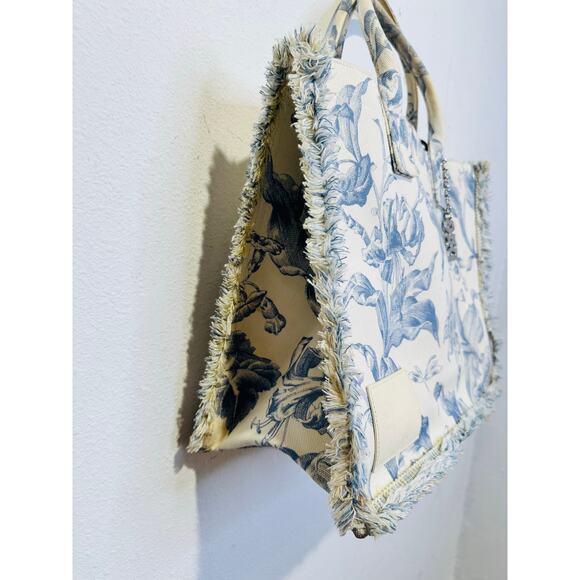 SANDRO Women's Blue Floral Print Magnetic Closure Frayed Edges Kasbah Tote Bag - Picture 4 of 16